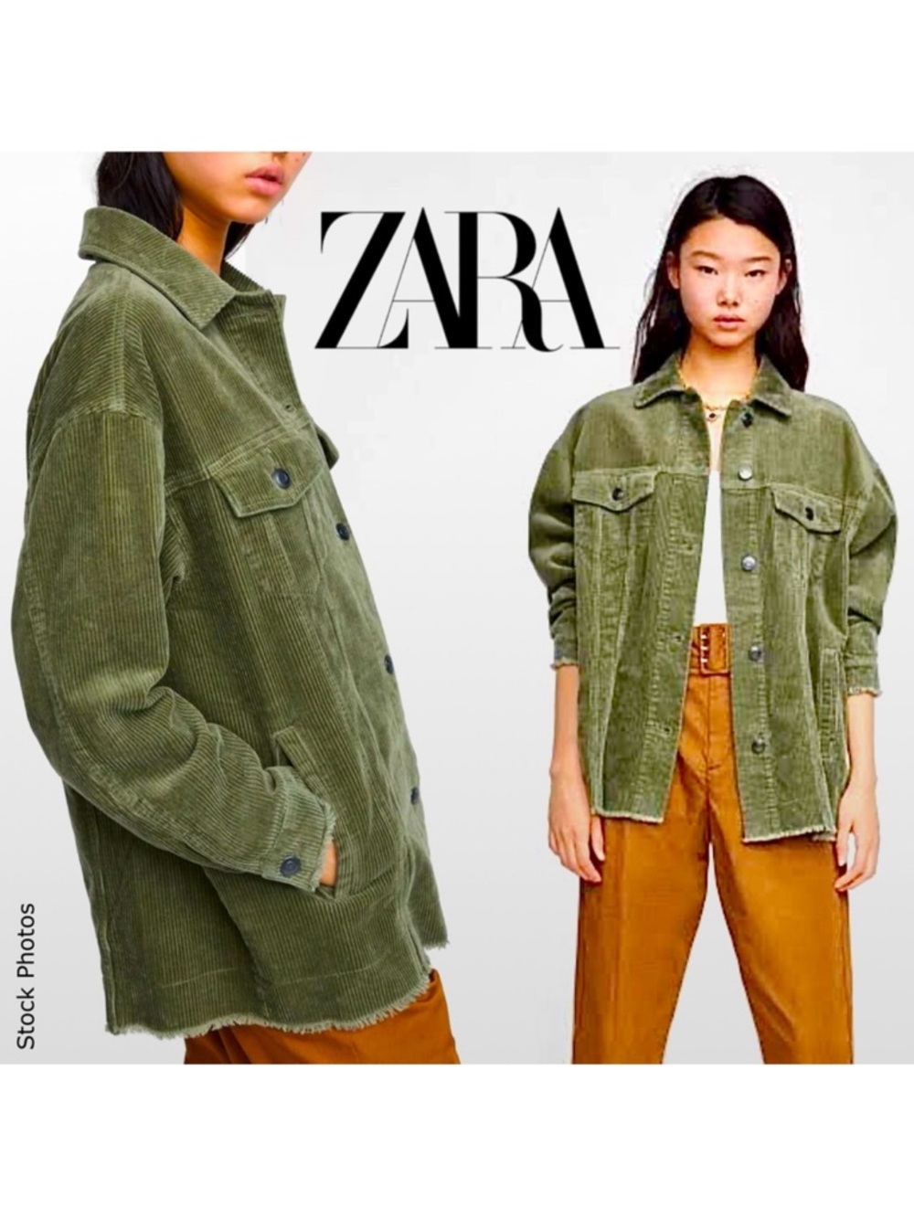 ZARA Corduroy Oversized Trucker Jacket Olive Green (S)